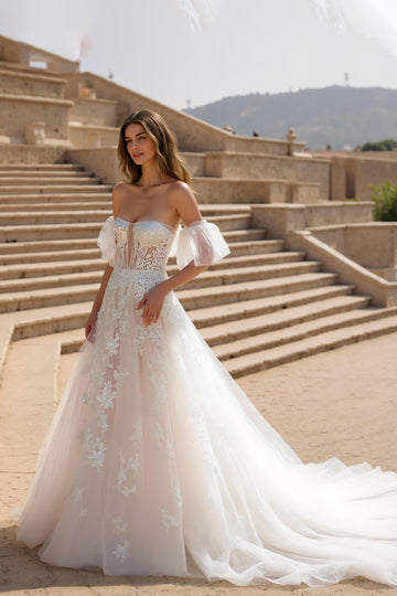 Off The Shoulder Court Train A-Line Wedding Dress With Appliques